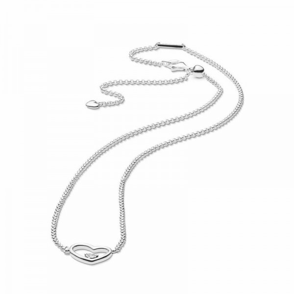 Pandora Jewelry Asymmetric Heart of Love Necklace Sale,Sterling Silver,Clear CZ