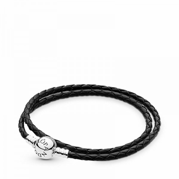 Pandora Jewelry Black Braided Double-Leather Charm Bracelet Sale,Sterling Silver