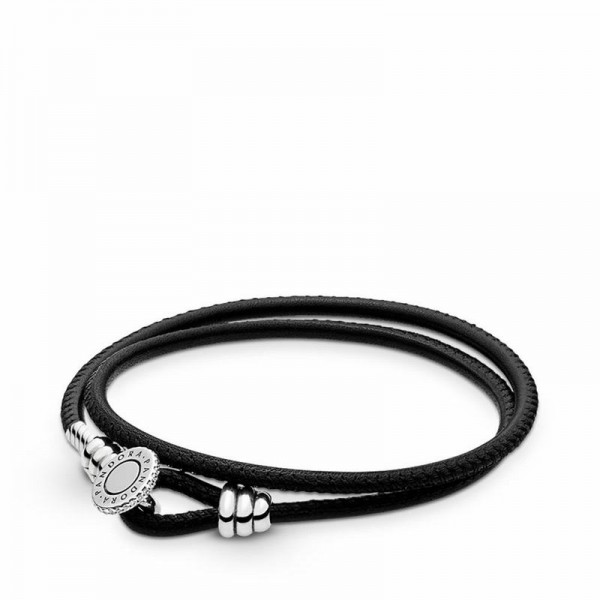 Pandora Jewelry Black Double Leather Bracelet Sale,Sterling Silver,Clear CZ