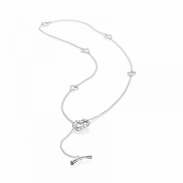 Pandora Jewelry Bright Hearts Necklace Sale,Sterling Silver,Clear CZ