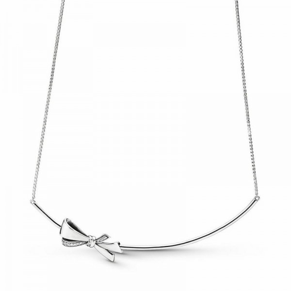 Pandora Jewelry Brilliant Bow Necklace Sale,Sterling Silver,Clear CZ