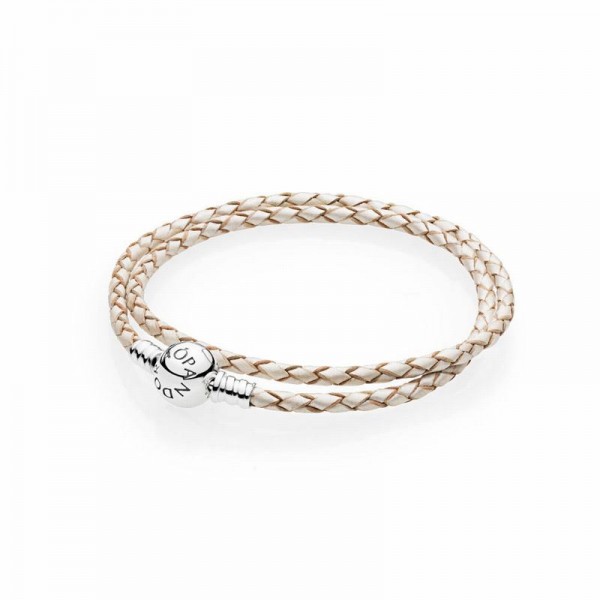 Pandora Jewelry Champagne-Colored Braided Double-Leather Charm Bracelet Sale,Sterling Silver