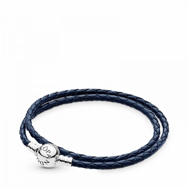 Pandora Jewelry Dark Blue Braided Double-Leather Charm Bracelet Sale,Sterling Silver