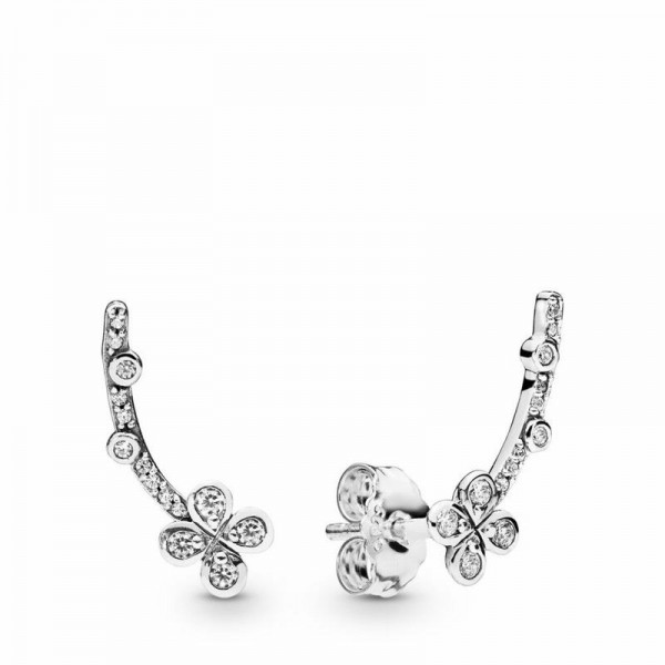 Pandora Jewelry Draped Four-Petal Flower Earrings Sale,Sterling Silver,Clear CZ