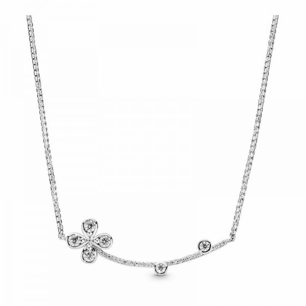 Pandora Jewelry Four-Petal Flower Necklace Sale,Sterling Silver,Clear CZ