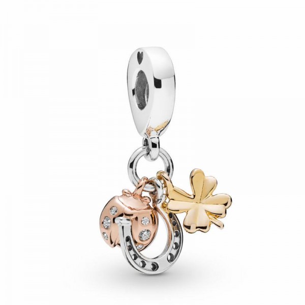 Pandora Jewelry Horseshoe Clover & Ladybird Dangle Charm Sale,Sterling Silver,Clear CZ