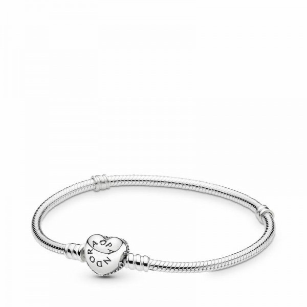 Pandora Jewelry Moments Sparkling Heart & Snake Chain Bracelet Sale,Sterling Silver,Clear CZ