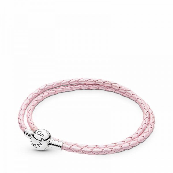 Pandora Jewelry Pink Braided Double-Leather Charm Bracelet Sale,Sterling Silver