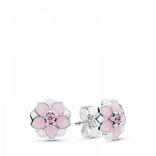 Pandora Jewelry Pink Magnolia Flower Stud Earrings Sale,Sterling Silver,Clear CZ