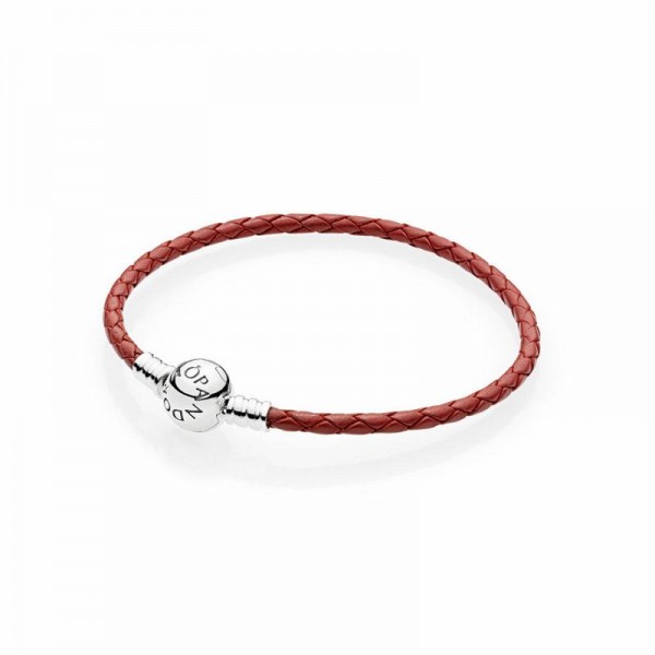 Pandora Jewelry Red Braided Leather Charm Bracelet Sale,Sterling Silver