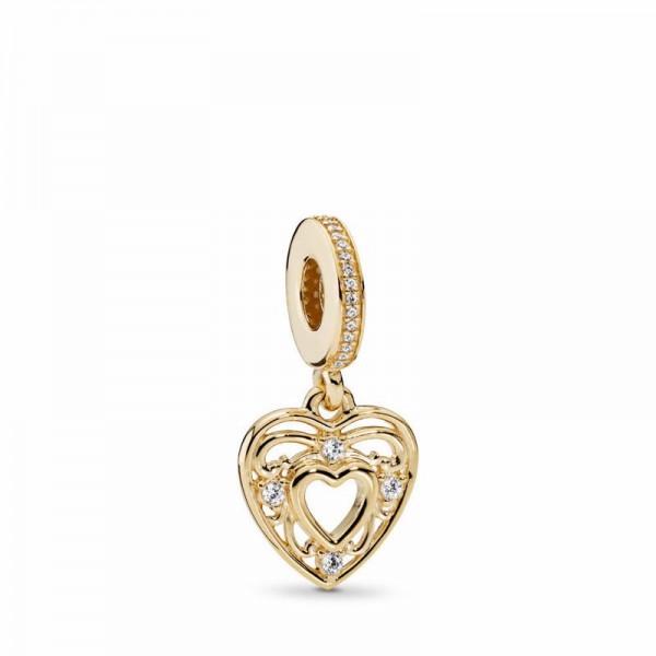 Pandora Jewelry Romantic Heart Dangle Charm Sale,14k Gold,Clear CZ