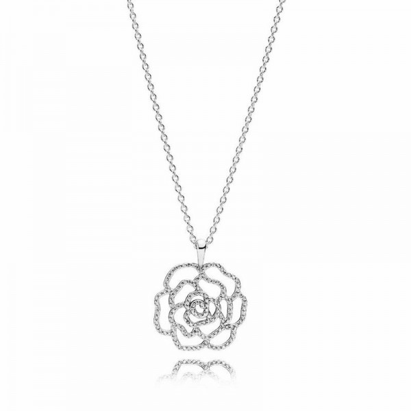 Pandora Jewelry Shimmering Rose Pendant Necklace Sale,Sterling Silver,Clear CZ