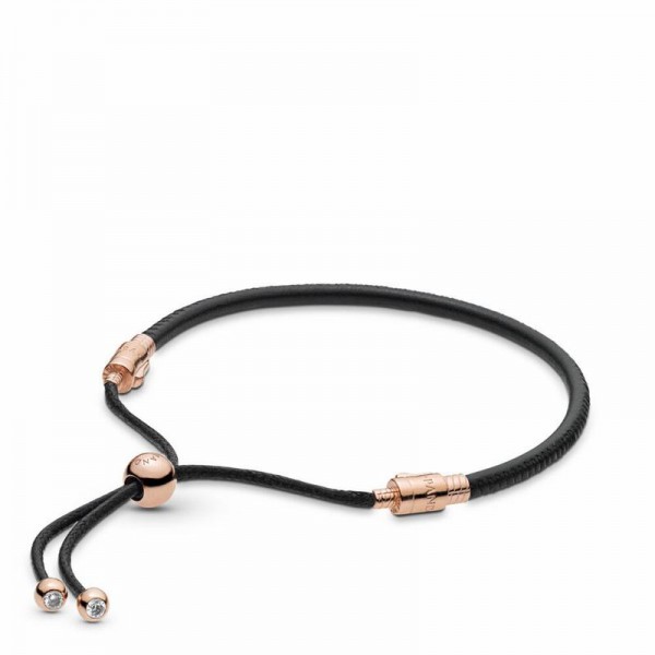 Pandora Jewelry Sliding Black Leather Bracelet Sale,Pandora Rose™,Clear CZ