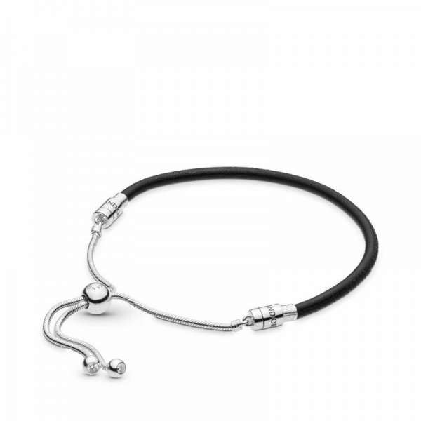 Pandora Jewelry Sliding Black Leather Bracelet Sale,Sterling Silver,Clear CZ