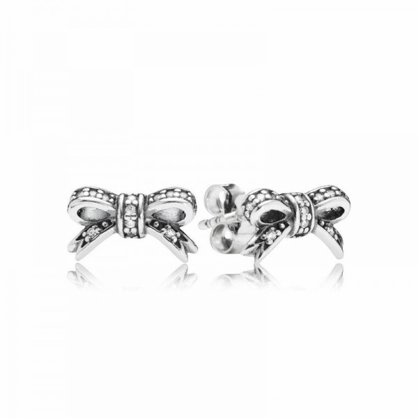 Pandora Jewelry Sparkling Bow Stud Earrings Sale,Sterling Silver,Clear CZ