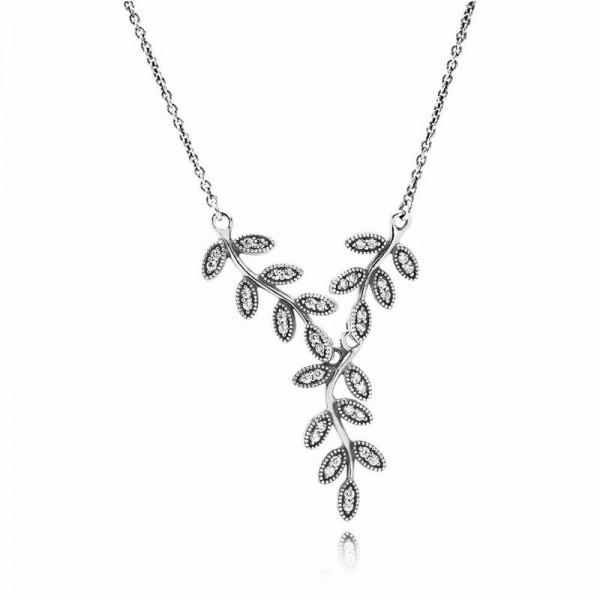 Pandora Jewelry Sparkling Leaves Pendant Necklace Sale,Sterling Silver,Clear CZ
